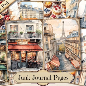Vintage Paris Junk Journal Pages, éphémères imprimables France, feuille de collage scrapbooking vieille tour Eiffel, papier technique mixte de fond ATC