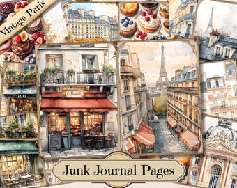 Puede incluir: Un collage de ilustraciones en acuarela con escenas parisinas, incluyendo cafés, la Torre Eiffel y pasteles. Los textos "Vintage Paris" y "Junk Journal Pages" son visibles. El tema general es viajes y diarios vintage.