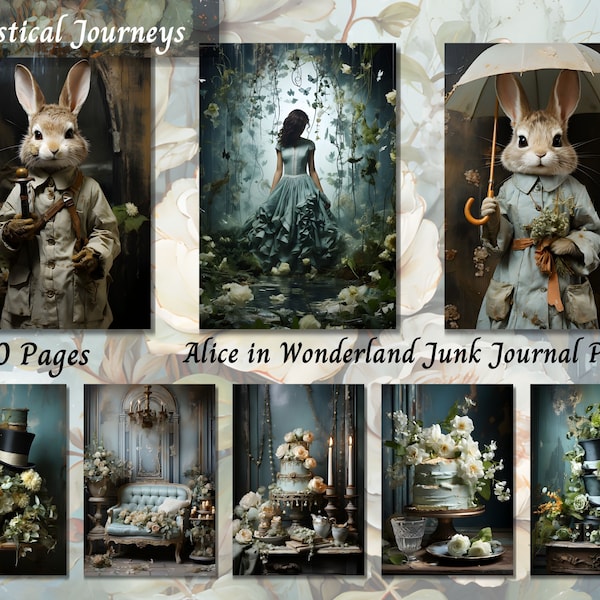 Alice in Wonderland Junk Journal Kit, Shabby Chic Digital Paper JPG, Watercolor Vintage Printable Ephemera, Scrapbook Journal Supplies Cards