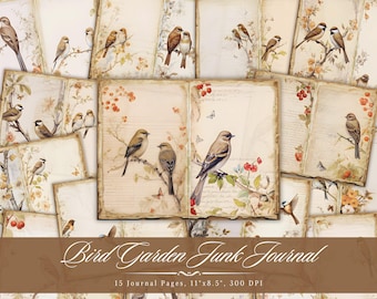 Bird Garden Junk Journal Pages, Vintage Birds & Floral Ephemera, Botanical Printable Scrapbook Paper Kit