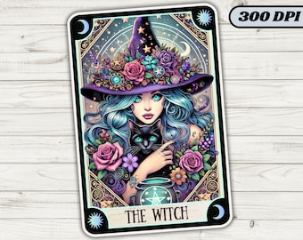 Witch Tarot Card PNG, Witch Sublimation Design, Halloween Tarot Cards, Black Cat, Cool Tarot T.Shirt Mug, Witchy Vibes Digital Download png
