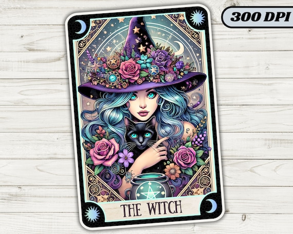 Witch Tarot Card PNG, Witch Sublimation Design, Halloween Tarot Cards, Black Cat, Cool Tarot T.Shirt Mug, Witchy Vibes Digital Download png