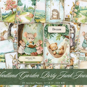 Woodland Garden Party Junk Journal, Shabby Chic Afdrukbare Ephemera, Botanische Scrapbooking Collage Vel, Achtergrond Mixed Media Pagina's ATC