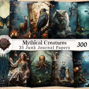 Mythical Creatures Junk Journal Paper, Mythical Ephemera Shabby Chic JPG, Printable Background ATC, Digital Collage Scrapbooking Supplies