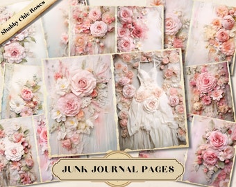 Vintage Rose Shabby Chic Junk Journal Kit, Printable Pages, Floral Ephemera, Scrapbook Papers, Digital Mixed Media Collage