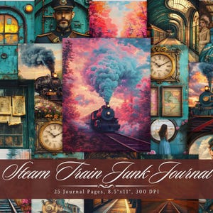 Papel de diario de tren de vapor, efímera imprimible de ferrocarriles antiguos, hoja de collage de álbum de recortes de locomotoras retro, páginas de técnica mixta de fondo ATC