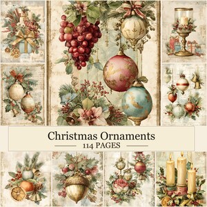 May include: A collection of 114 pages featuring vintage-style illustrations of Christmas ornaments, including baubles, candles, grapes, and pine branches. The imagery displays a warm, aged aesthetic with detailed festive motifs and the text Christmas Ornaments 114 PAGES.