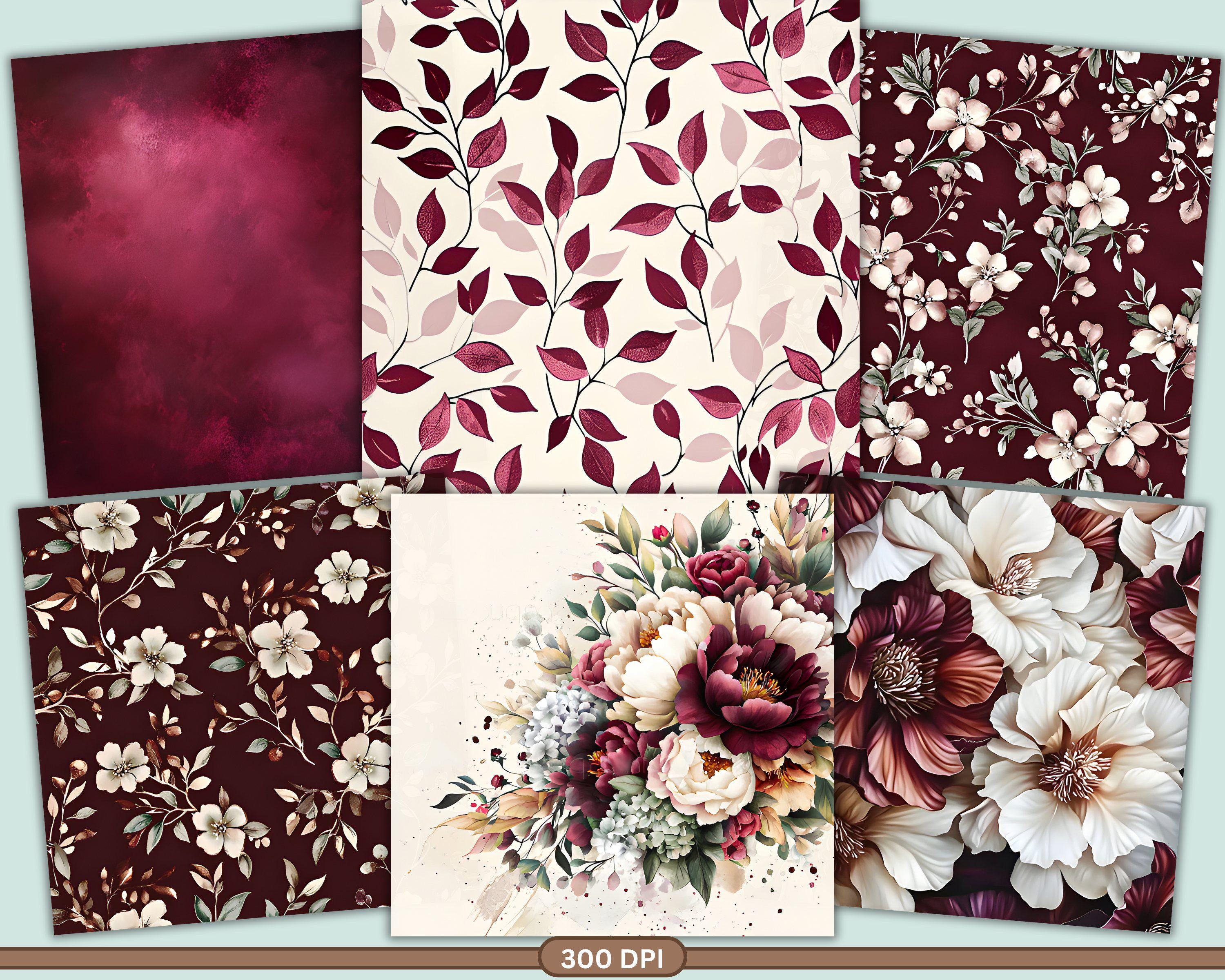 Burgundy Floral Digital Paper, Dark Red Floral Junk Journal, Flower ...