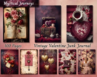 May include: Vintage Valentine Junk Journal with 100 pages. The cover features a red, white, and gold heart with a keyhole. The journal is decorated with roses, lace, and other vintage elements.