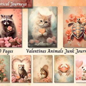 Valentines Day Animals Junk Journal, Love Shabby Chic Printable Ephemera, Vintage Scrapbooking Collage Sheet, Background Mixed Media Pages