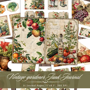 Vintage Gardener Junk Journal, botanische tuinieren afdrukbare efemere verschijnselen, plantaardig fruit cottage plakboekcollage, shabby chic achtergrond ATC