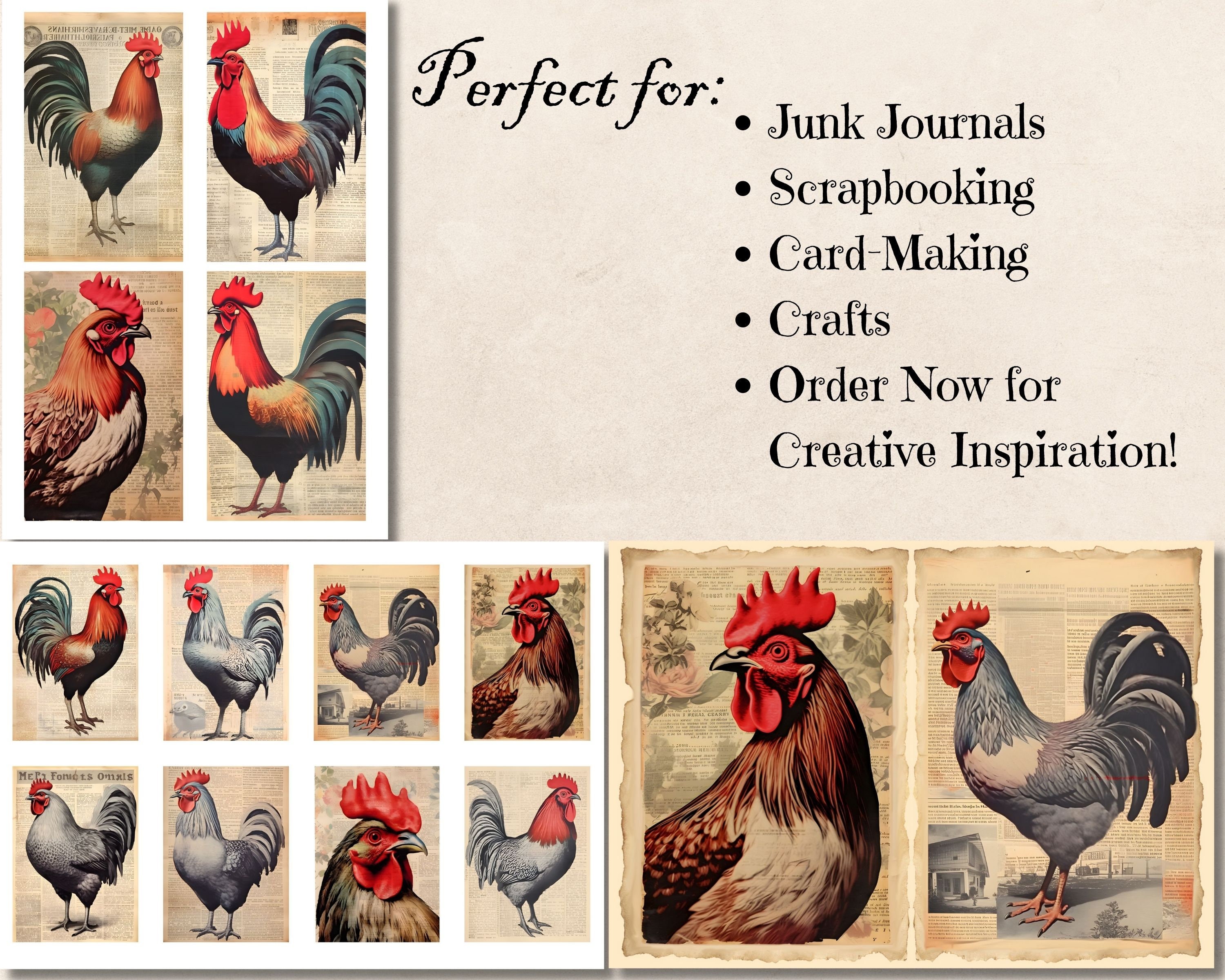 Roosters &amp; Chickens Junk Journal Kit, Printable Watercolor Ephemera ...