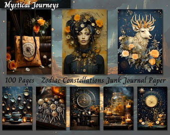 Zodiac Constellations Junk Journal Paper, Celestial Space Digital Background, Astrology Sign Vintage Page, Printable Ephemera Scrapbooking