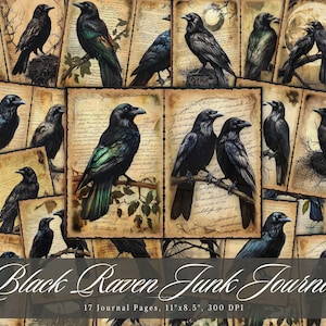 Black Raven Junk-dagboekpagina's, vogels afdrukbare efemere verschijnselen, vintage Bird Crow scrapbooking collageblad, achtergrond mixed media papier ATC
