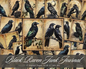 Páginas de diario basura de cuervo negro, efímeras imprimibles de aves, hoja de collage de scrapbooking de cuervo de pájaro vintage, papel de técnica mixta de fondo ATC