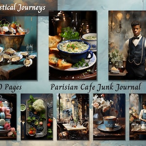 Pariser Café Junk Journal, druckbares Ephemera Journaling Kit, Restaurant Food Scrapbook Collage, digitales Vintage-Papier, Mixed Media ATC