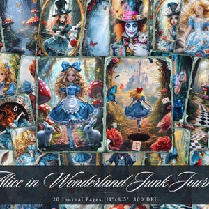 Alice in Wonderland Junk Journal, vintage Wonderland afdrukbare ephemera, verouderd scrapbooking collageblad, achtergrond pagina's met gemengde media ATC