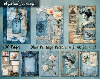 Blue Vintage Victorian Junk Journal, Watercolor Blue Printable Ephemera, Shabby Chic Scrapbooking Collage Sheet, Background Mixed Media ATC