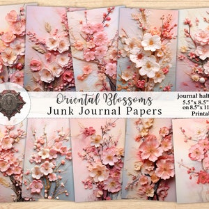 Oriental Blossoms Junk Journal Pages, Folio Mixed Media, Printable Digital Ephemera, Scrapbooking Collage, Shabby Chic, Decoupage Paper Kit