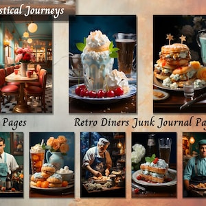 Retro Diners Junk Journal Paper, Journaling Kit, Food Printable Ephemera, Scrapbooking Collage, Digital Mixed Media, Fussy Cut ATC Cards PNG