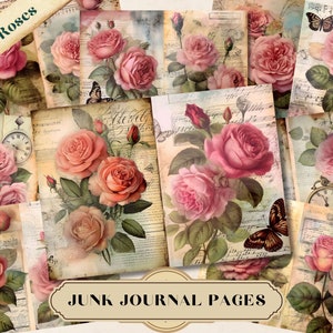 Grande pacco, carta da giornale "Rose Junk", pagine di giornale "Vintage Junk" effimere, motivo acquerello, tecniche miste, musica, album di ritagli, collage stampabile