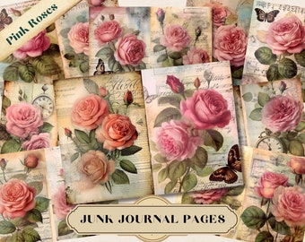 Rose Junk Journal Kit, Vintage Floral Printable Pages, Shabby Chic Ephemera Scrapbook Paper Bundle