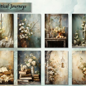 May include: A collage of eight images with a vintage aesthetic. The images feature white flowers, candles, books, a statue of a woman, and a window with a sheer curtain. The images are arranged in a grid pattern and have a soft, muted colour palette.