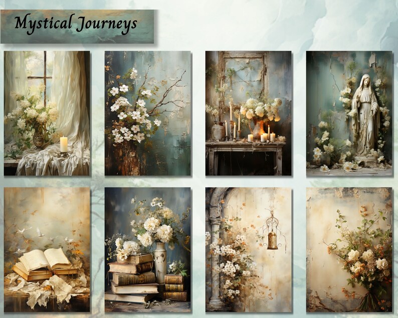 May include: A collage of eight images with a vintage aesthetic. The images feature white flowers, candles, books, a statue of a woman, and a window with a sheer curtain. The images are arranged in a grid pattern and have a soft, muted colour palette.