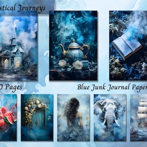 Blue Junk Journal Kit, Digital Paper, Floral Collage Sheets, Vintage Scrapbook Backgrounds, Instant Download, Commercial Use