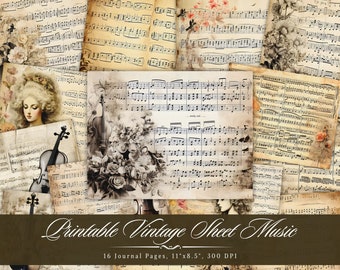 Printable Vintage Sheet Music Junk Journal Kit - Aged Paper Music Background, Old Book Pages, Music Pages, Scrapbook Ephemera Collage Paper