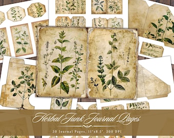 Herbal Junk Journal Pages, Herb Botanical Aged Printable Ephemera, Vintage Plant Apothecary Scrapbook Collage, Digital Background ATC Cards
