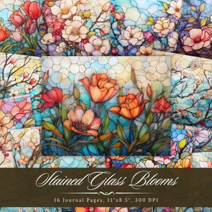 Stained Glass Blooms Junk Journal, Floral Fluted Glass Paper, Flower Printable Ephemera, Vintage Scrapbooking Collage, Background Pages ATC
