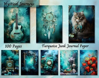 Türkis Junk Journal Papier, Digital Download, Aquarell, Mixed Media, Muster, Kutsche, Schloss, Musik, Hintergrund, Schäbige Pintables