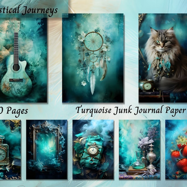 Turquoise Junk Journal Paper, Digital Download, Watercolor, Mixed Media, Pattern, Carriage, Castle, Music, Background, Shabby Pintables