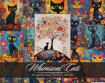 Diário de Gatos Caprichosos, Imprimível de Gatos Florais Boho, Colagem de Scrapbooking Boho Retro, Fundo de Gato Artístico Vintage