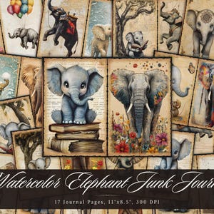 Diário de lixo de elefante em aquarela, itens efêmeros vintage para impressão de elefante do zoológico, folha de colagem para scrapbooking de elefante cinza, mídia mista de fundo