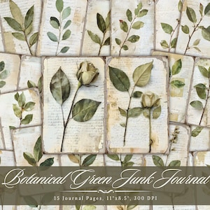 Botanisch groen tijdschriftpapier, vintage natuurplant afdrukbare ephemera, shabby chic bladtuin plakboekcollage, achtergrondpagina ATC
