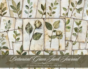 Green Plant Junk Journal Kit, Vintage Leaf Ephemera, Shabby Chic Garden Scrapbook Pages