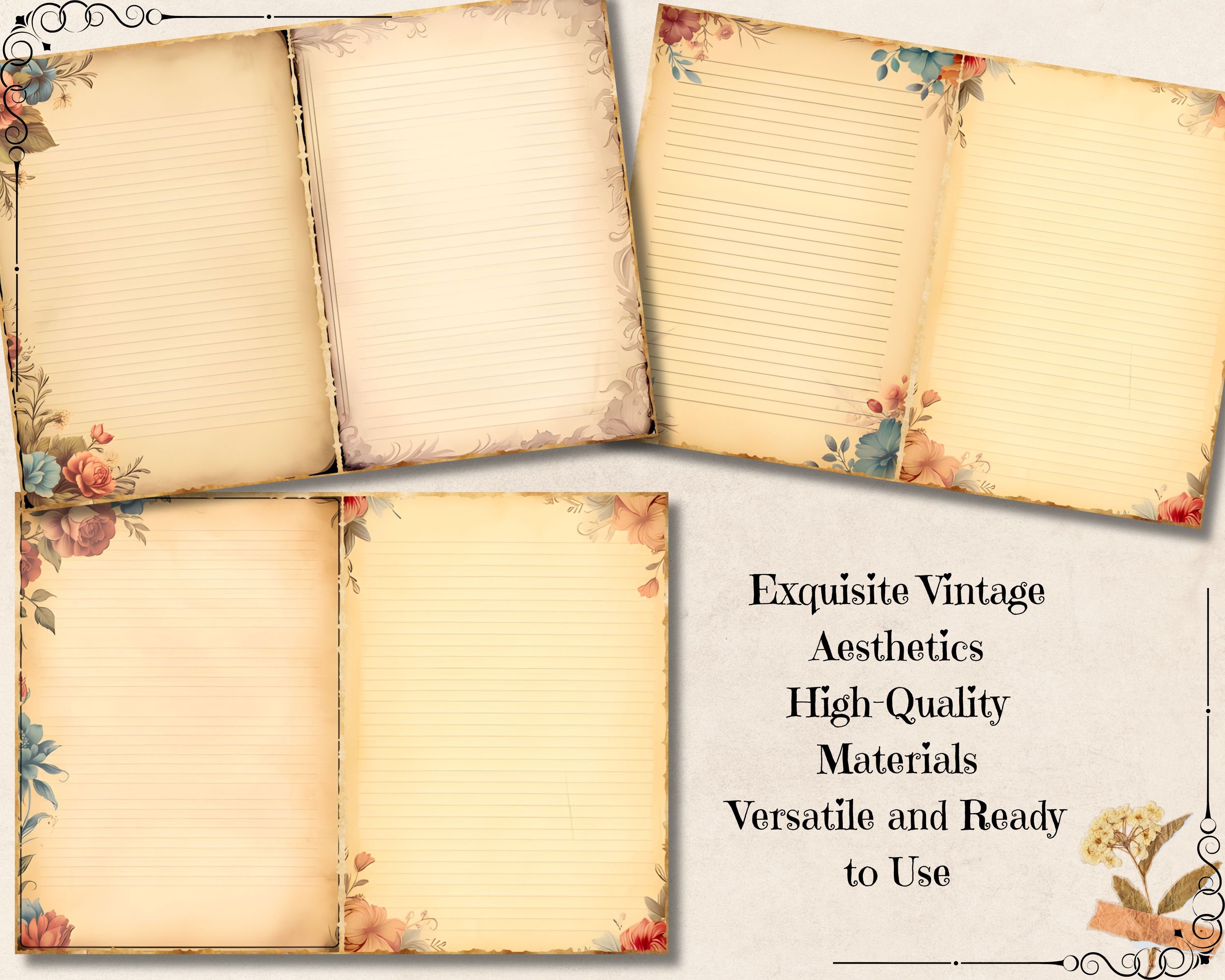 Vintage Floral Lined Junk Journal Pages, Beige Printable Writing Paper ...