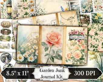 Garden Junk Journal Kit, Nature Shabby Chic Paper, Floral Botanical Printable Ephemera, Vintage Scrapbooking Collage Sheet, Mixed Media Page