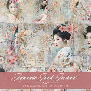 Pagine del diario spazzatura giapponese, Effimera stampabile Sakura vintage giapponese, foglio di collage di fiori di ciliegio, carta di sfondo asiatica