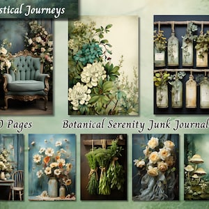 Papel de diario basura Botanical Serenity, página de efímeras imprimibles con diseño de jardín floral, collage de álbum de recortes de flores de acuarela vintage, páginas Shabby Chic