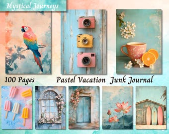 Pastel Vacation Junk Journal Paper, Soft Shabby Chic Printable Ephemera, Holiday Scrapbooking Collage Sheet, Background Mixed Media Page ATC