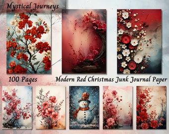 Modern Red Christmas Junk Journal Kit, Winter Printable Ephemera Digital, Xmas Vintage Shabby Chic Supplies, Scrapbook Collage Background