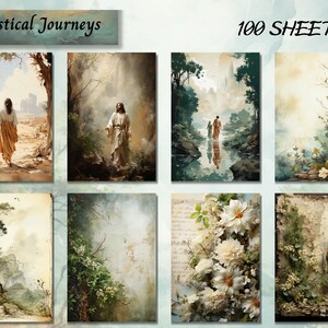 May include: A set of 100 sheets of paper featuring mystical journey themed images. The images include a woman walking through a forest, a man walking through a forest, a couple walking through a forest, a woman standing in a forest, and a woman standing in a field of flowers. The paper is a light brown colour with a textured surface.
