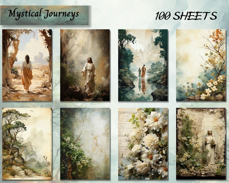 May include: A set of 100 sheets of paper featuring mystical journey themed images. The images include a woman walking through a forest, a man walking through a forest, a couple walking through a forest, a woman standing in a forest, and a woman standing in a field of flowers. The paper is a light brown colour with a textured surface.