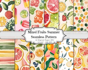 Mixed Fruits Summer Digital Papers, Fruit Shabby Chic Printable Ephemera, Cute Junk Journal Scrapbooking Collage Sheet, Background Pages