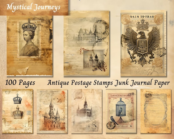 Antique Postage Stamps Junk Journal Paper, Vintage Old