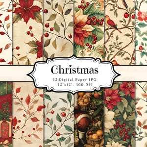 Merry Christmas Digital Papers, Winter Floral Season Junk Journal, Vintage Santa Present Printable Ephemera, Scrapbook Collage Sheet Page