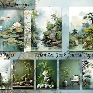 May include: A set of 100 pages of Asian Zen junk journal paper featuring watercolor illustrations of serene landscapes, including a pond with lotus flowers, a bamboo forest with a stone staircase, a pagoda in a mountain valley, and a woman meditating in a bamboo grove. The paper is perfect for creating unique and personalized journals, scrapbooks, and art projects.